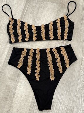 SHADI Black Bikini Set with Beige Ruffle Stripes